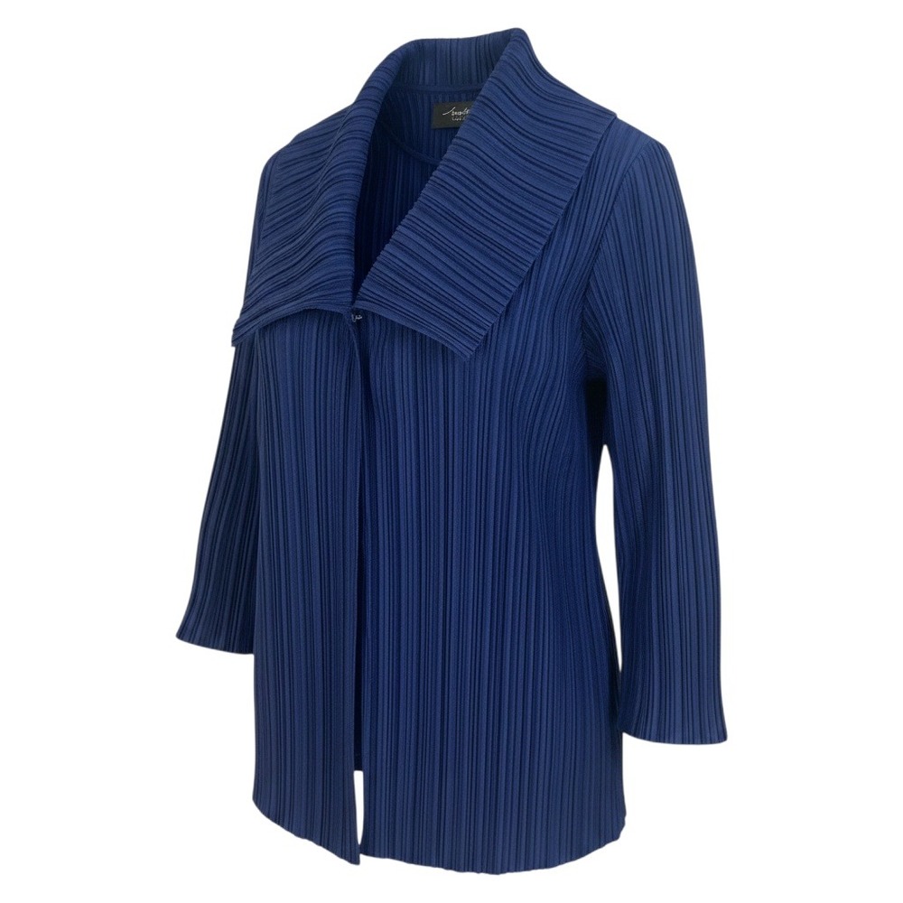 Chico's Travelers Collection Jacket Women M Blue Pleated Open Front Lightweight